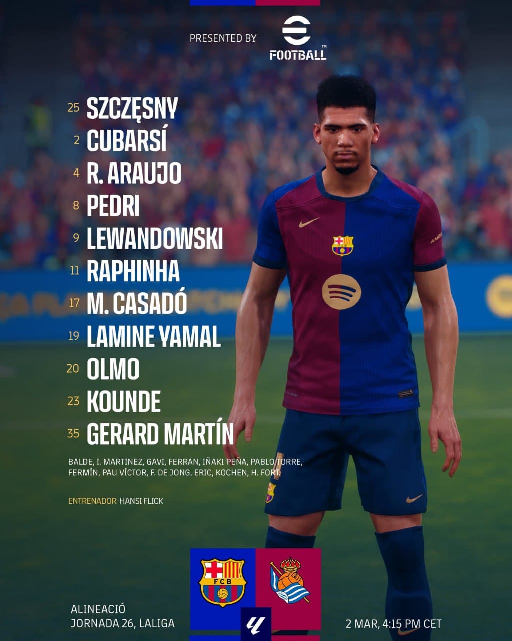 ترکیب بارسلونا مقابل رئال سوسیداد برای بازی امشب 12 اسفند 1403