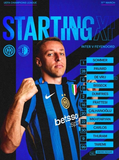 مهدی طارمی در ترکیب اینتر مقابل فاینورد برای بازی امشب 21 اسفند 1403