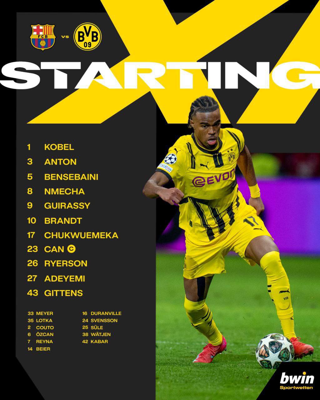 ترکیب دورتموند برابر بارسلونا برای بازی امشب 20 فروردین 1404