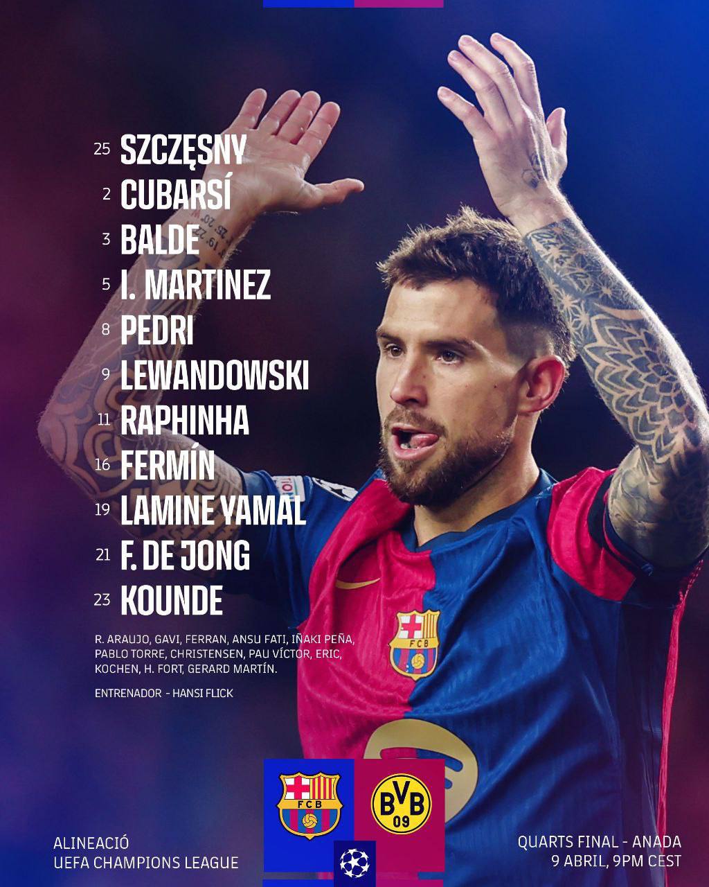 ترکیب بارسلونا مقابل دورتموند برای بازی امشب 20 فروردین 1404