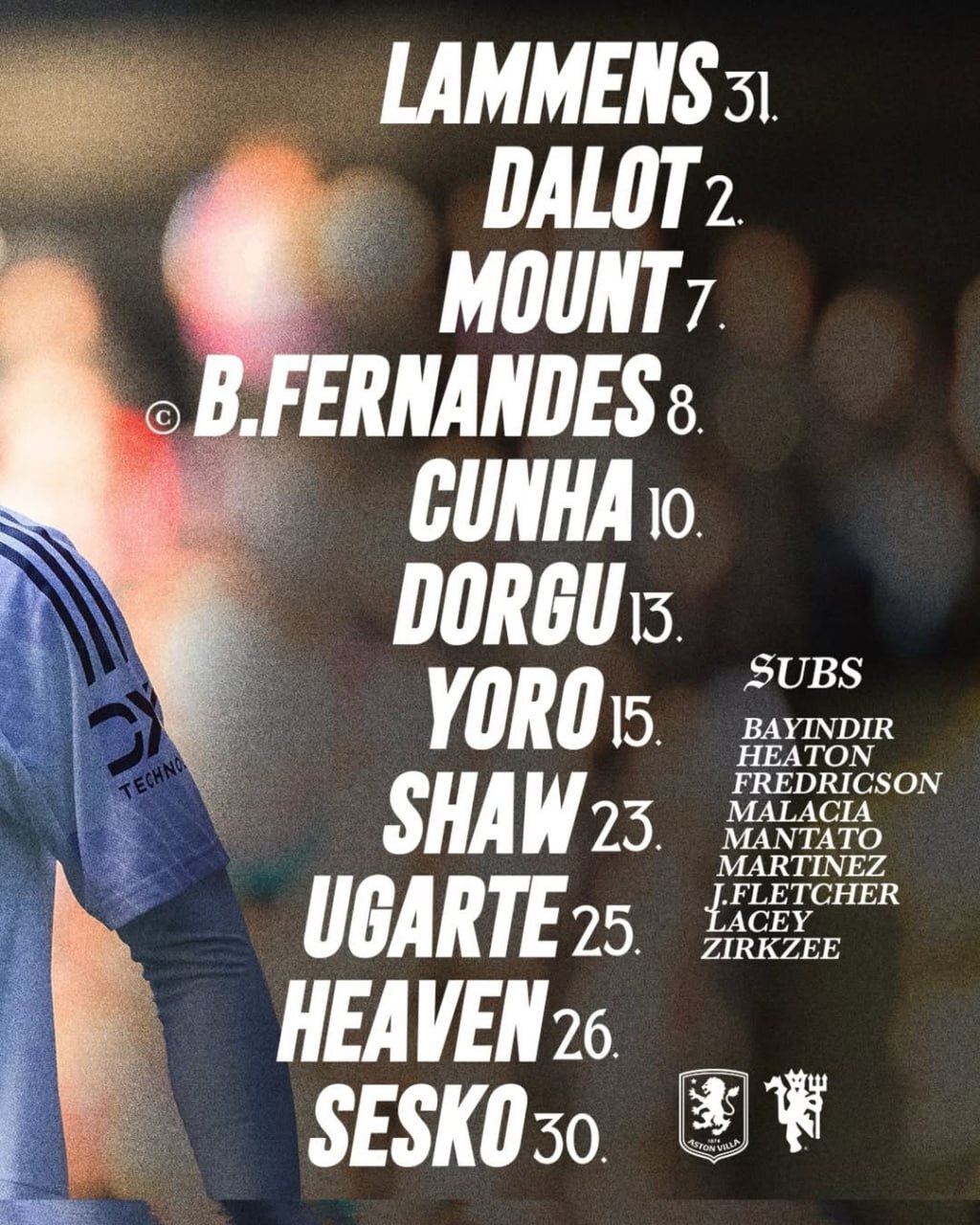 ترکیب منچستریونایتد مقابل استون ویلا برای بازی امشب 30 آذر 1404