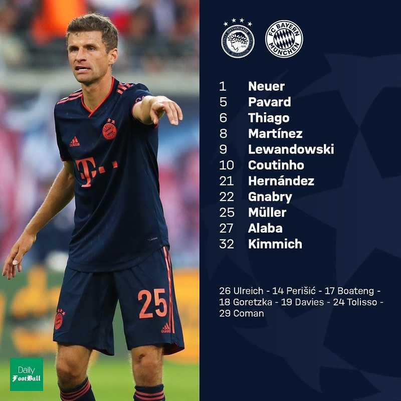 ترکیب اصلی بایرن مونیخ مقابل المپیاکوس