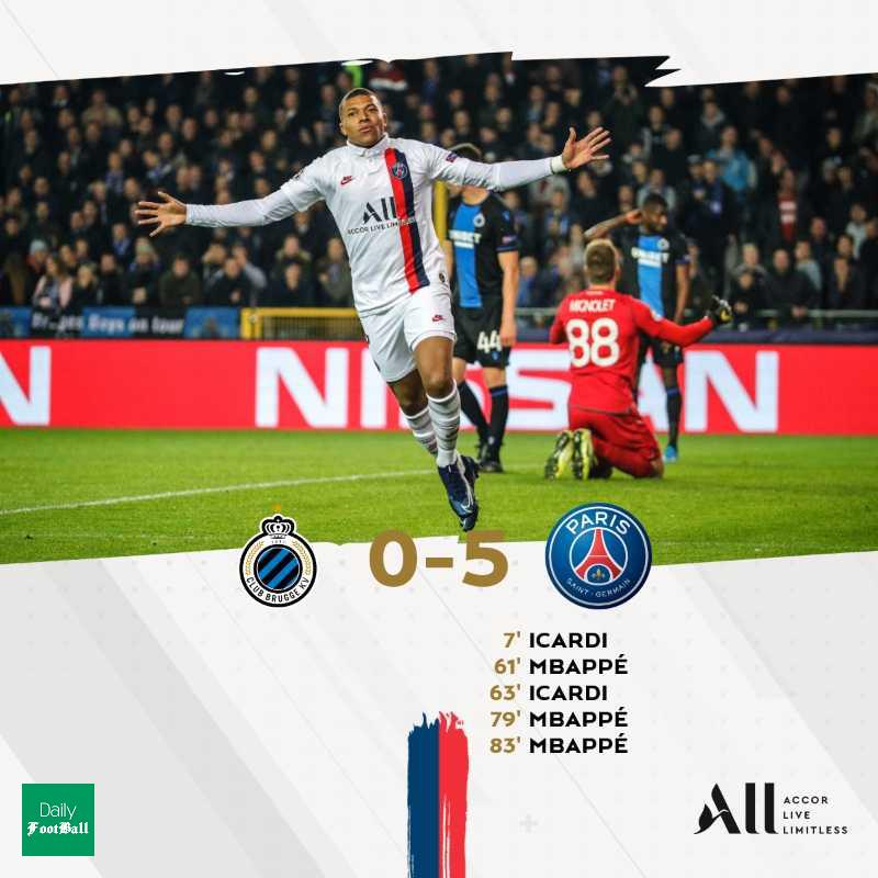 نتیجه بازی کلوب بروژ و پاری سن ژرمن/ پیروزی پاریسی ها با هتریک امباپه