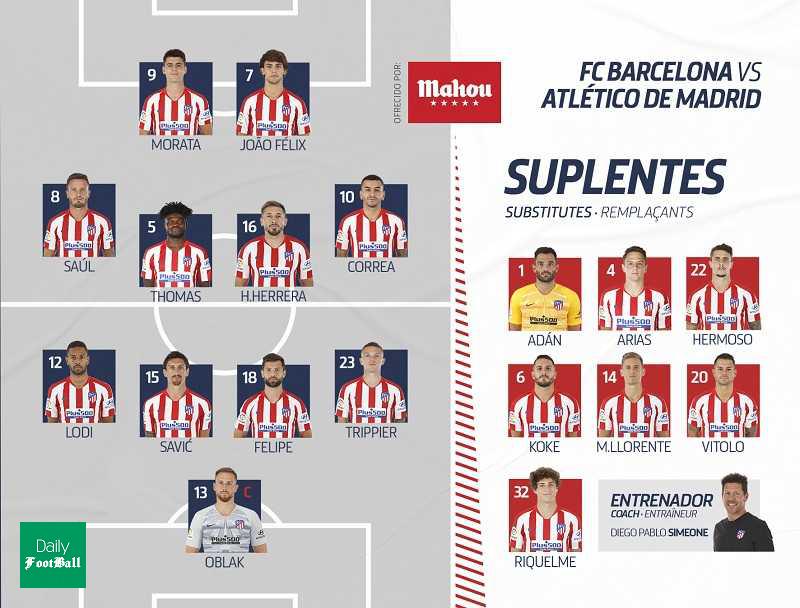 ترکیب بارسلونا و اتلتیکو مادرید برای بازی امشب 19 دی 98