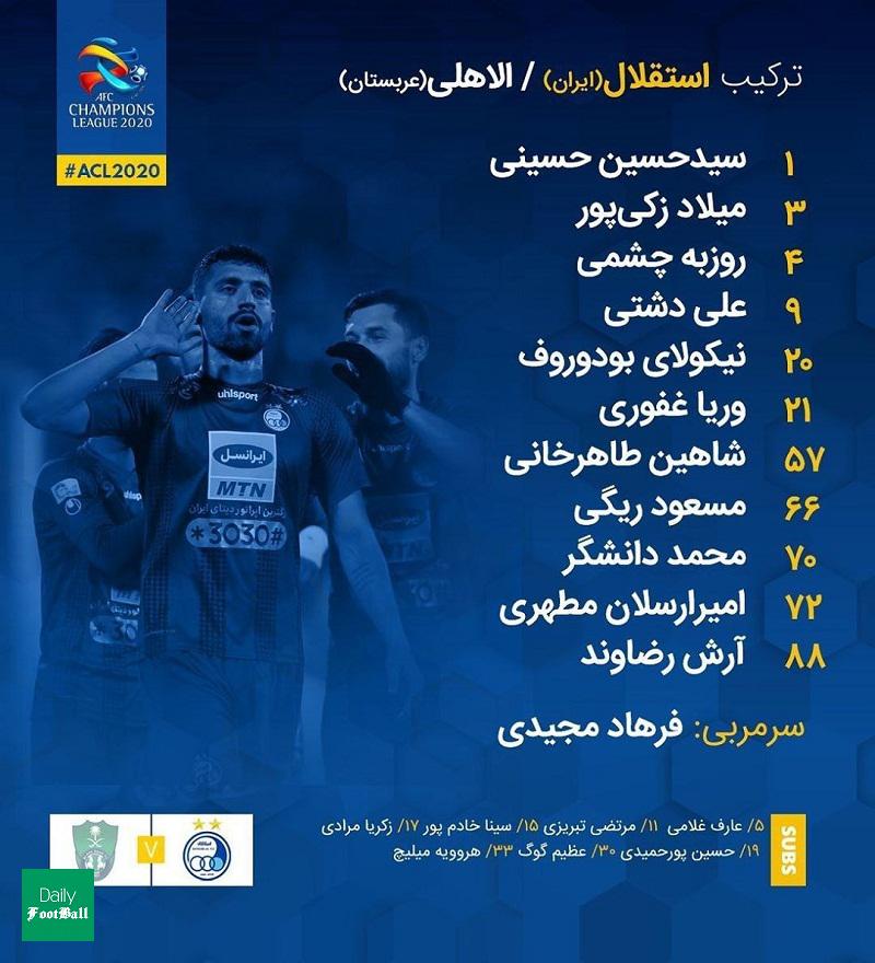 ترکیب اصلی استقلال مقابل الاهلی برای بازی امشب 28 بهمن 98