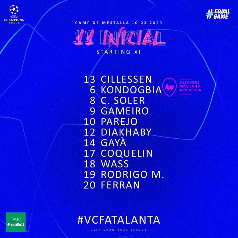 ترکیب والنسیا و آتالانتا برای بازی امشب 20 اسفند 98