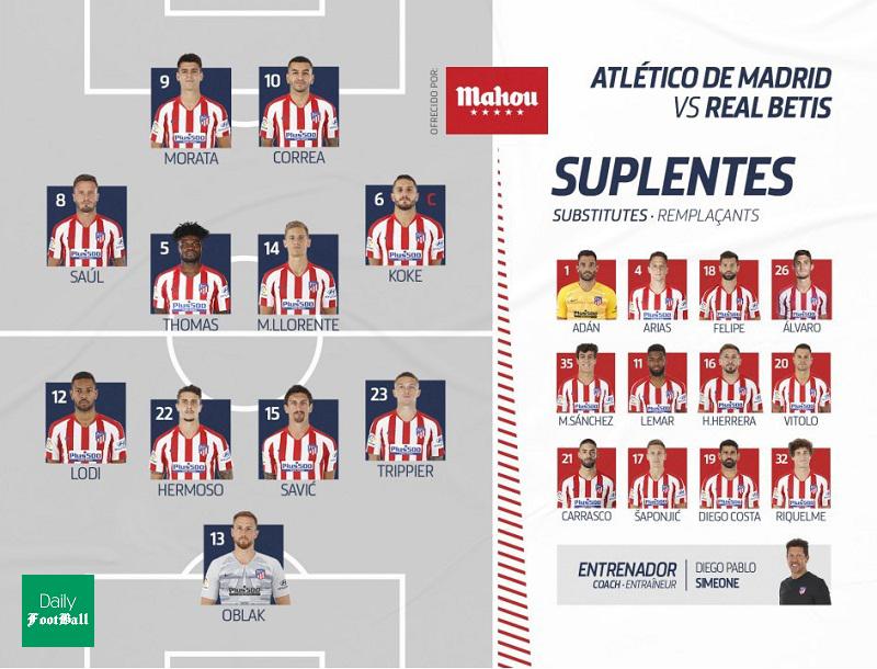 ترکیب اتلتیکو مادرید مقابل رئال بتیس برای بازی امشب 21 تیر 99