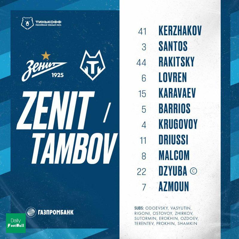 سردار آزمون در ترکیب زنیت مقابل تامبوف برای بازی امروز 1 شهریور 99