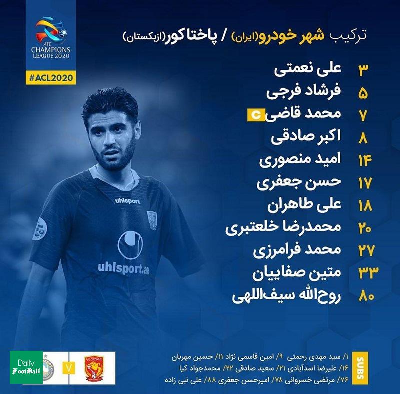 ترکیب شهر خودرو مقابل پاختاکور تاشکند برای بازی امشب 2 مهر 99