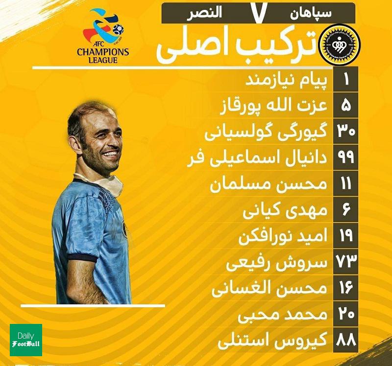 ترکیب سپاهان مقابل النصر برای بازی امشب 25 شهریور 99