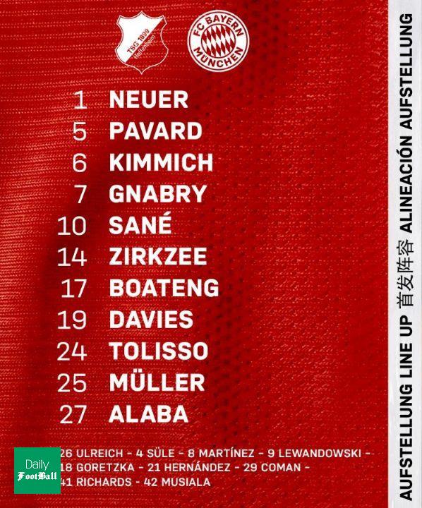 ترکیب بایرن مونیخ مقابل هوفنهایم برای بازی امروز 6 مهر 99