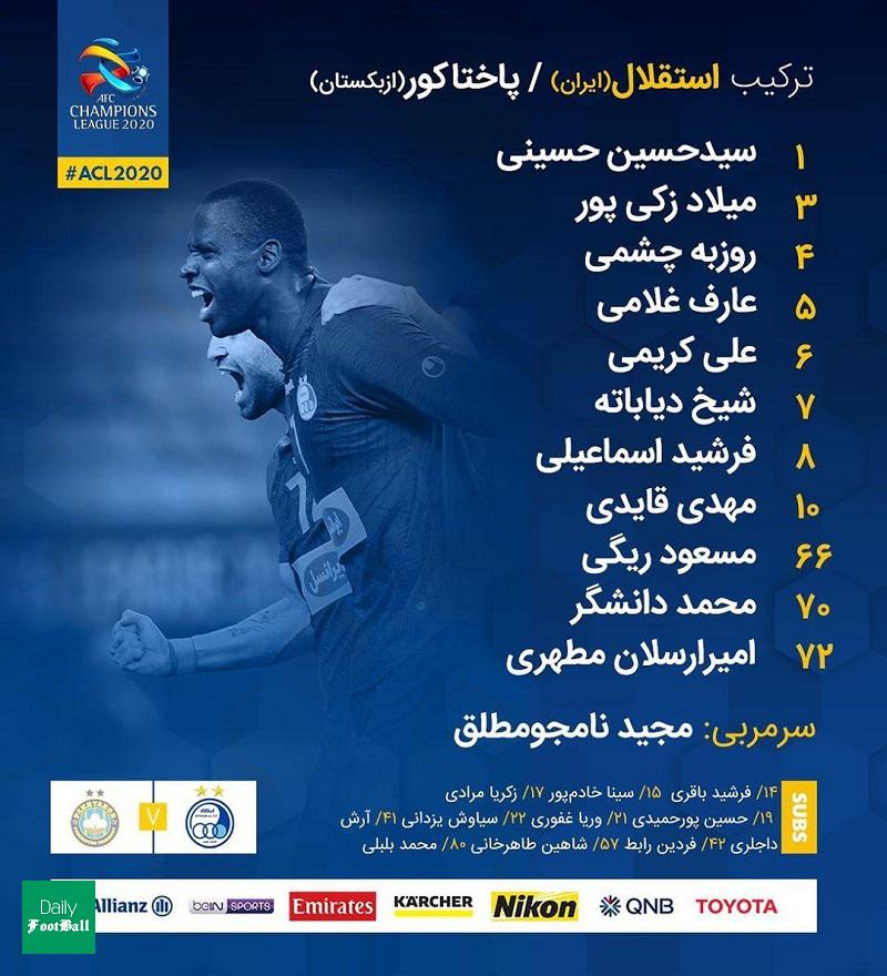 ترکیب استقلال مقابل پاختاکور تاشکند برای بازی امشب 5 مهر 99