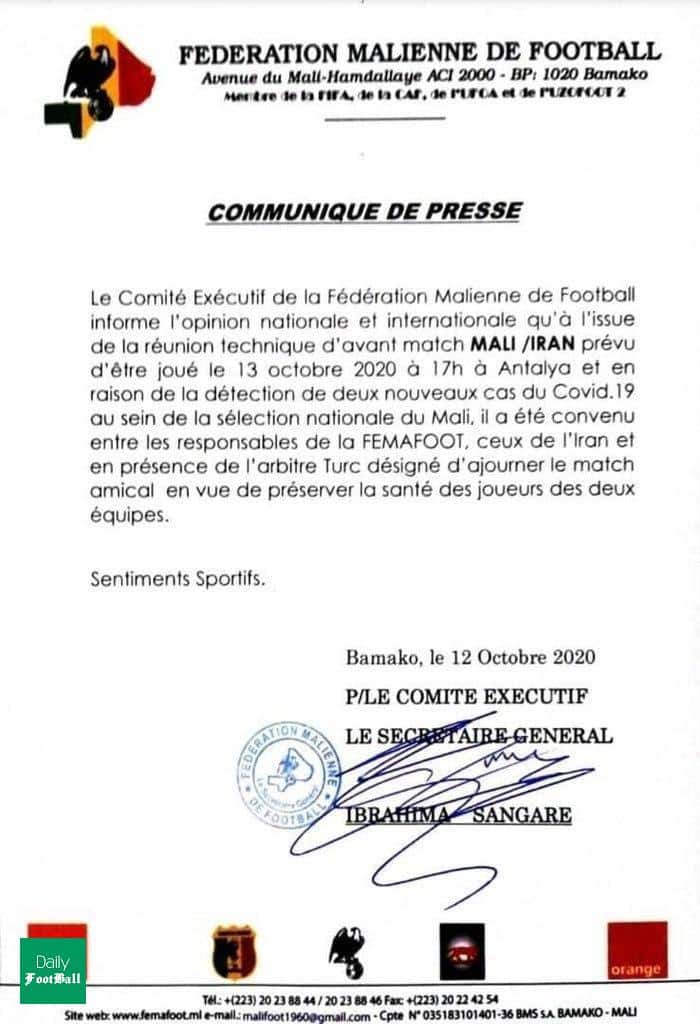 بازی ایران و مالی لغو شد