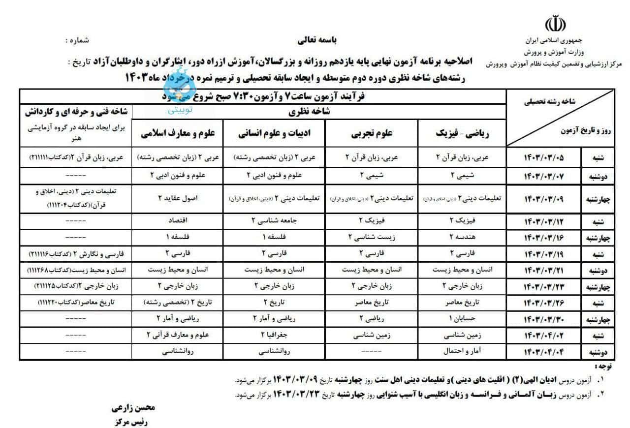 عکس| برنامه جدید امتحانات نهایی دانش آموزان پایه های دهم، یازدهم و دوازدهم در خرداد 1403 | دیلی فوتبال