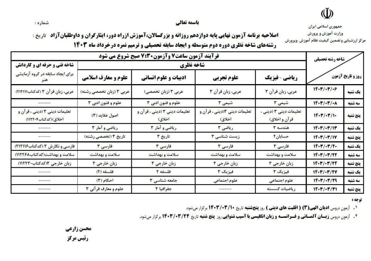 عکس| برنامه جدید امتحانات نهایی دانش آموزان پایه های دهم، یازدهم و دوازدهم در خرداد 1403 | دیلی فوتبال