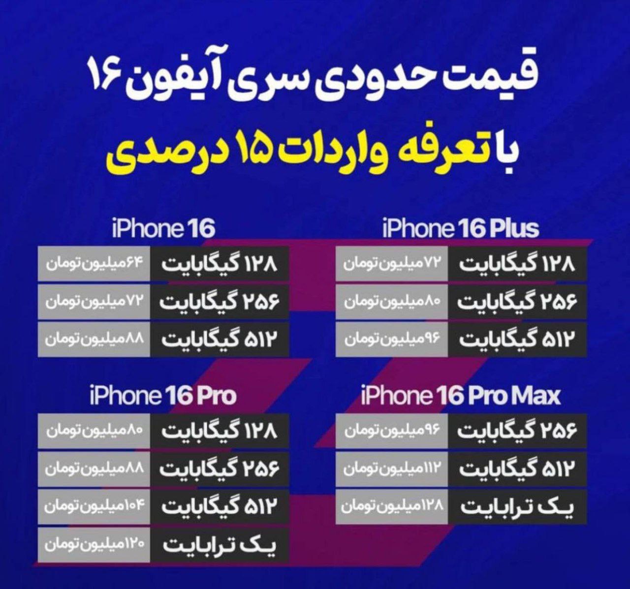 عکس| قیمت حدودی سری آیفون 16 با تعرفه واردات 15 درصدی | دیلی فوتبال