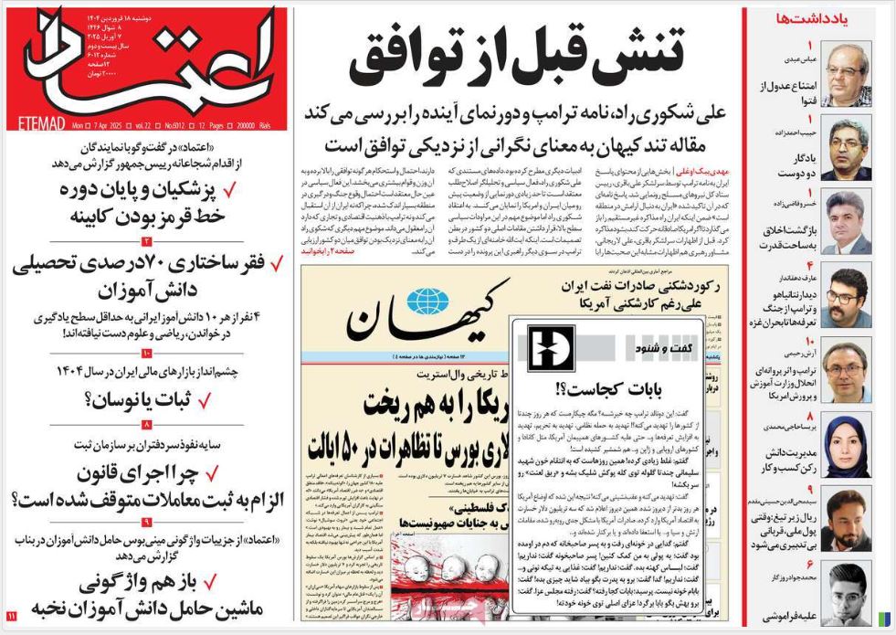 عکس| صفحه اول روزنامه های رسمی کشور امروز دوشنبه 18 فروردین 1404 | دیلی فوتبال