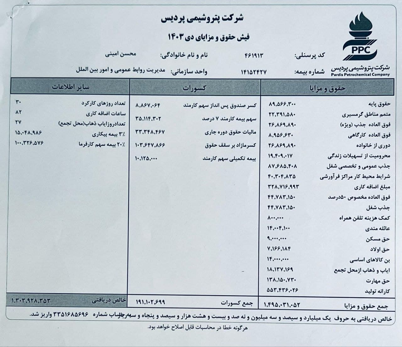 عکس| فیش حقوقی نجومی در یک شرکت پتروشیمی | دیلی فوتبال